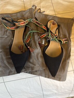 Dior Black Pointed-Toe Heels with Multicolor Woven Straps